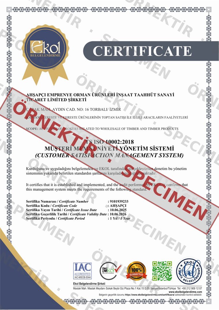 TS ISO 10002:2018 Müşteri Memnuniyeti Yönetim Sistemi belgesi — örnektir