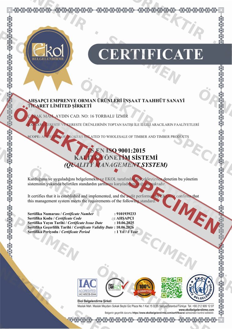 TS EN ISO 9001:2015 Kalite Yönetim Sistemi belgesi — örnektir