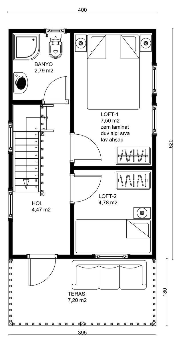 ALAÇATI 1. kat planı — Loft-1, Loft-2, Hol, Banyo, Teras